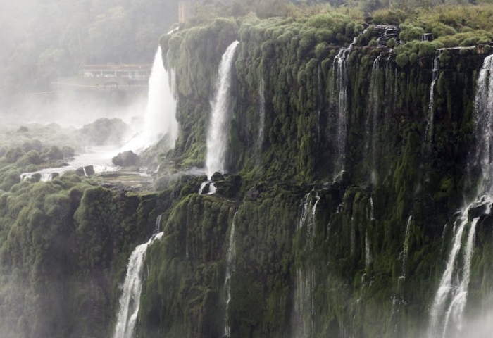 Stunning view of Iguazú Falls cascading amidst lush greenery in Argentina.